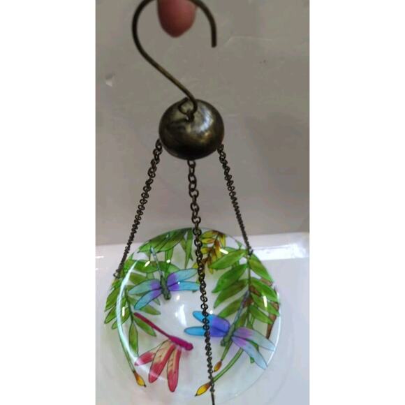 Hanging Glass Bird Bath With Painted Dragonflies - Picture 2 of 9